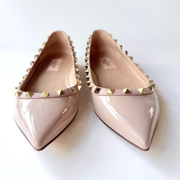 Valentino Garavani Rockstud Pointed Toe Flats Nude Beige Patent Leather 38.5 - Picture 3 of 15